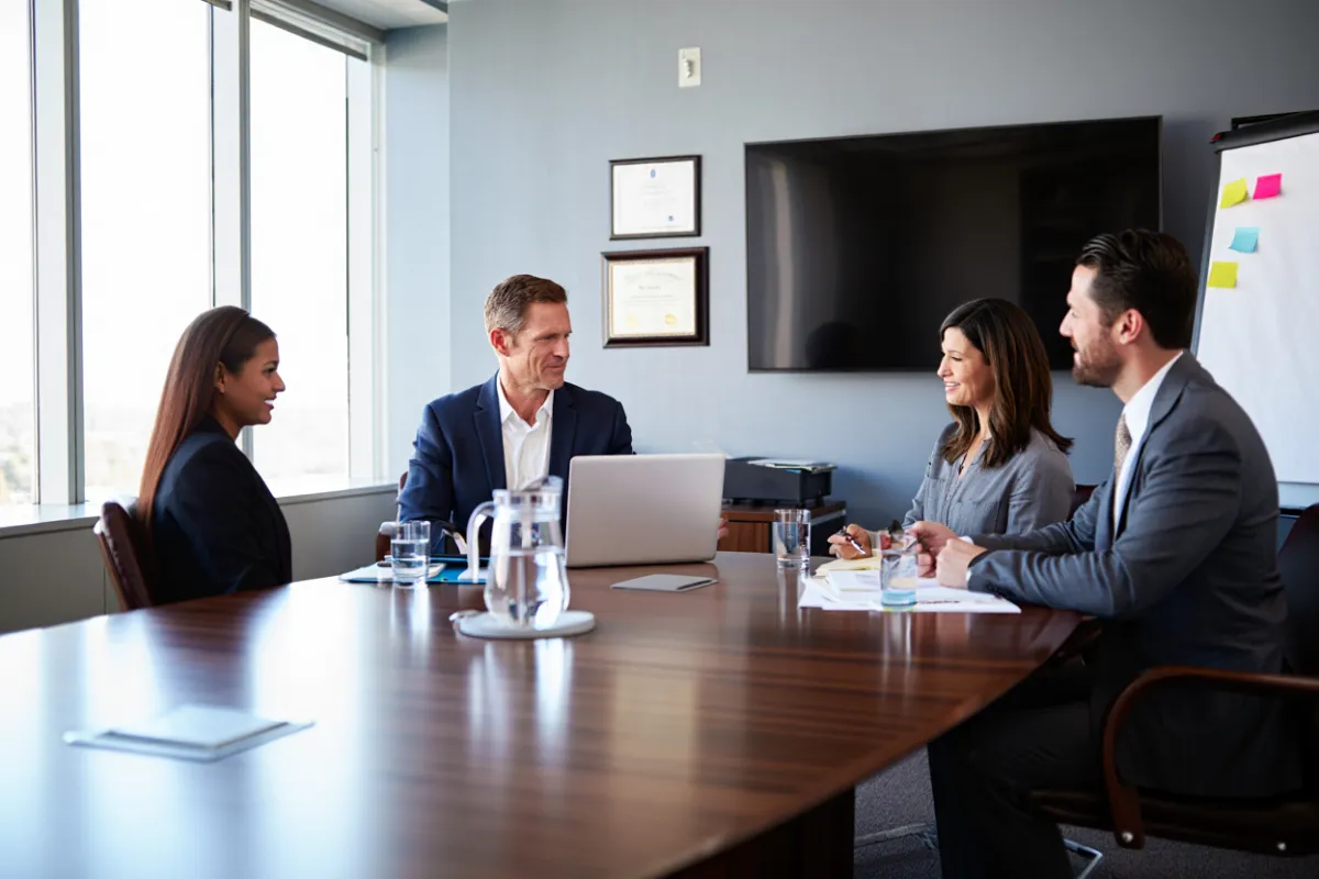 Executive team discussing business priorities in a boardroom